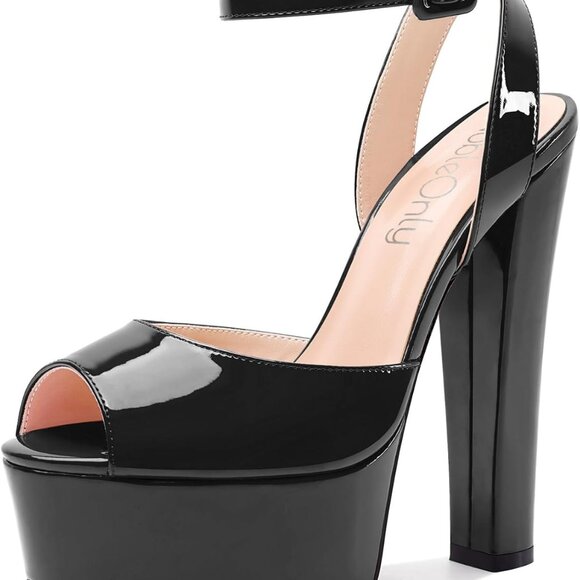 Womens High Block Platform Heels Peep Toe Ankle Strap Shoes Black 9 - Picture 1 of 5